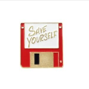Save Yourself Floppy Disc Computer Pin Brooch
